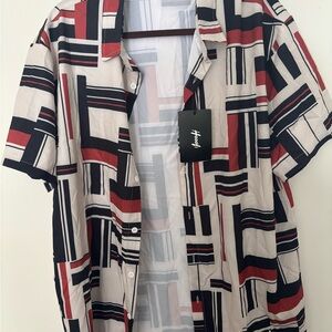 Modern Abstract Patterned Shirt in Red, Black, and White